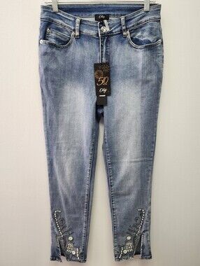 Orly Light Blue Embellished Cropped Jeans with Hem Details